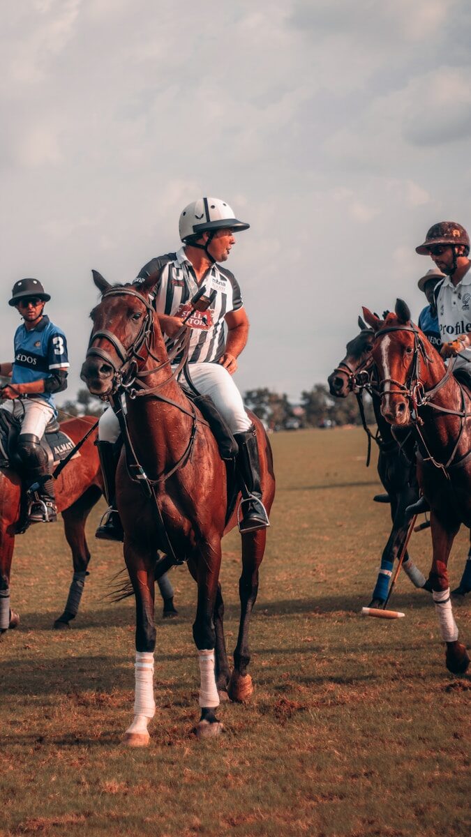 A group of men riding on the backs of brown horses